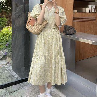 Puff-sleeve Floral Print Midi Dress Yellow - One Size