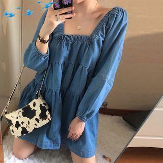 Long-sleeve Mini A-line Denim Dress As Shown In Figure - One Size