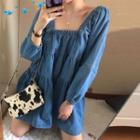 Long-sleeve Mini A-line Denim Dress As Shown In Figure - One Size