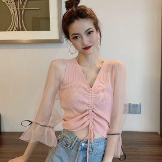 Mesh-sleeve Drawstring Knit Top