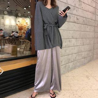 Tie-waist Cardigan / Spaghetti Strap Knit Top / Velvet Wide-leg Pants / Set