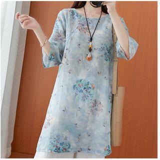 Floral Elbow-sleeve Frog-button Blouse