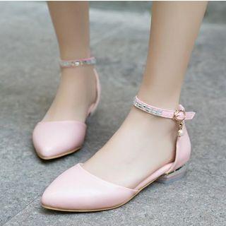 Faux Leather Rhinestone Strap Pointed-toe Dorsay Flats