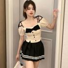 Off-shoulder Puff-sleeve Bow Panel Shirt / High-waist Striped Pleated Skirt