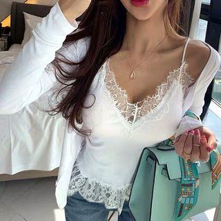 Set: Plain Cardigan + Lace Trim Camisole Top