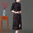 Set: Sleeveless Mini Velvet Cheongsam + Long Elbow-sleeve Print Coat