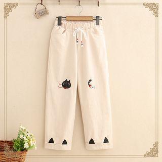 Cat Embroidered Straight-cut Pants