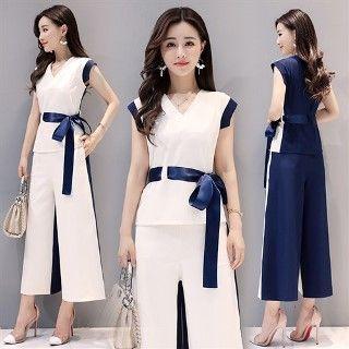 Set: Sleeveless Panel Top + Wide-leg Pants