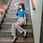 Ruched Puff-sleeve Blouse / Plaid Wide-leg Pants
