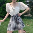 Short-sleeve Bow Front Top / Plaid Skirt