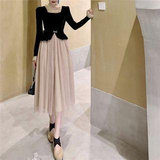 Puff-sleeve Frill Trim Velvet Dress