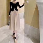 Puff-sleeve Frill Trim Velvet Dress