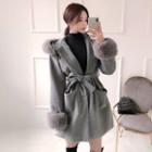 Faux-fur Trim Coat With Sash Gray - One Size
