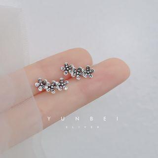 925 Sterling Silver Rhinestone Flower Stud Earring 1 Pair - Silver - One Size