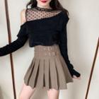 Long-sleeve Mesh Panel Velvet Top / Mini A-line Pleated Skirt