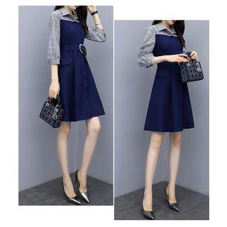Plaid 3/4-sleeve Panel A-line Dress