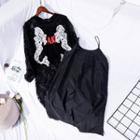 Set: Long-sleeve Lace Dress + Slipdress Black - S
