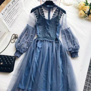 Set: Plain Slipdress + Lace Panel Mesh Long-sleeve A-line Dress