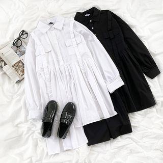 Long-sleeve Plain Asymmetrical Shirtdress
