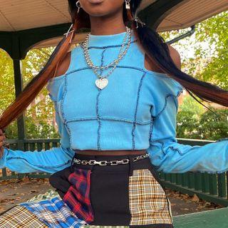 Long-sleeve Cold Shoulder Check Crop Top