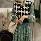 Long-sleeve Floral Print Midi A-line Dress / Diamond Jacquard Sweater Vest