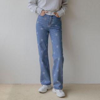 Flower-pattern Straight-leg Jeans