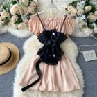 Set : Suspender Top + Off Shoulder Puff-sleeve Dress