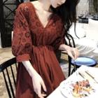 Long-sleeve Mock High-waist Medium Long A-line Dress
