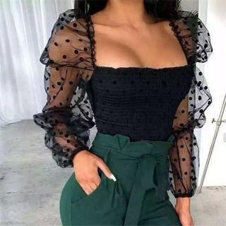 Mesh Puff-sleeve Square-neck Panel Ruched Cropped Chiffon Top