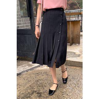 Buttoned Midi Pleat Skirt Black - One Size