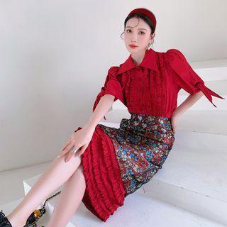 Puff-sleeve Floral Print Panel Ruffled Shirtdress