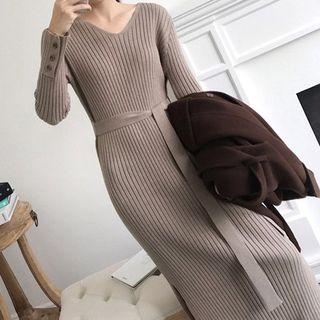 V-neck Slit Midi Rib Knit Dress