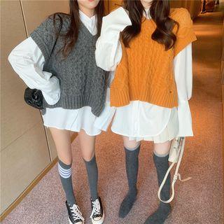 Short-sleeve Cable Knit Vest / Bell-sleeve Plain Shirt
