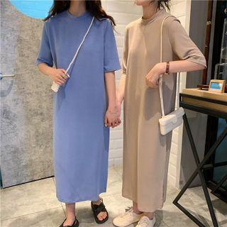 Plain Round-neck Side-slit Dress