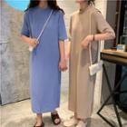 Plain Round-neck Side-slit Dress
