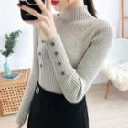 Long-sleeve Buttoned Mock Neck Ribbed Knit Top