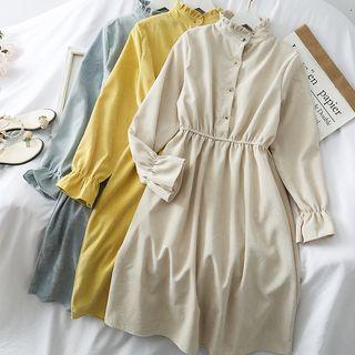 Ruffled High-neck Corduroy Shirtdress