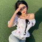 Off-shoulder Floral Print Shirred Blouses