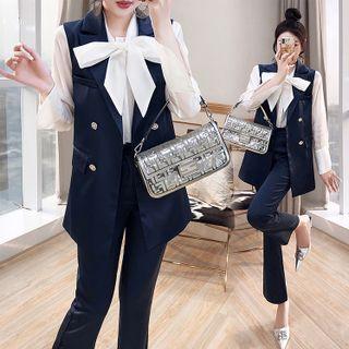 Set: Long-sleeve Tie-neck Blouse + Double-breasted Vest + Bootcut Dress Pants