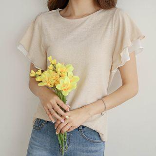 Chiffon-layered Flutter-sleeve T-shirt
