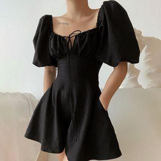 Puff Sleeve Square-neck Tie-front A-line Dress