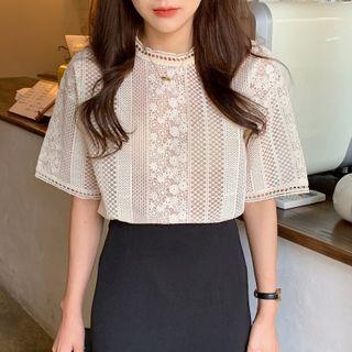 Elbow-sleeve Lace Blouse Beige - One Size