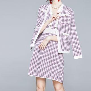 Set: Houndstooth Cardigan + Sleeveless Knit A-line Dress