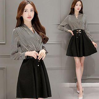 Set : Pinstriped V-neck Long-sleeve Top + A-line Skirt