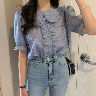 Ruffle Short-sleeve Blouse Blue - One Size