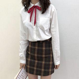 Peter Pan Collar Shirt / Plaid Mini A-line Skirt