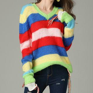 Striped Fringed V-neck Sweater As Shown In Figure - One Size