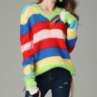 Striped Fringed V-neck Sweater As Shown In Figure - One Size