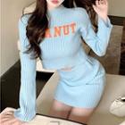 Set: Mock-neck Lettering Knit Crop Top + Mini Pencil Skirt