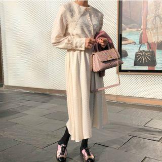 Long-sleeve Crochet Lace Collar Midi A-line Dress As Shown In Figure - One Size